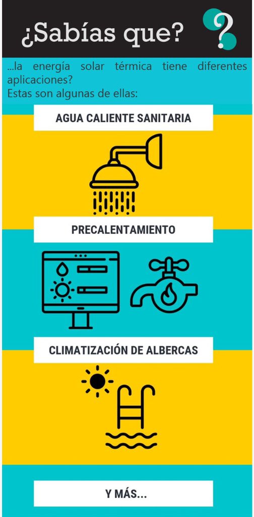 ConueeSolar's tweet photo. En este #FelizJueves, ¿#SabiasQue la #EnergíaSolarTérmica tiene diferentes aplicaciones? 
Te presentamos algunas de ellas 👇🏿
Un #SistemaSolarTérmico puede generar ahorros de hasta un 70% del consumo de gas utilizado para calentar agua. ☀️💧 https://t.co/mh1gArfRYl