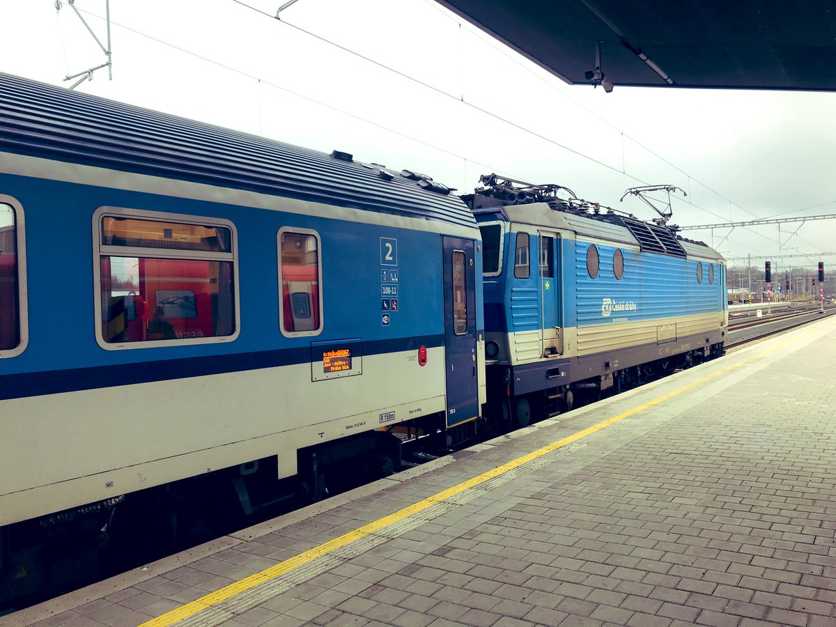 We arrived in Cheb for my last change two minutes early- ČD (Czech railways) express train is an electric locomotive with old style carriages - first class at least is all compartments. It has WiFi and plug sockets... I think I have a compartment to myself 