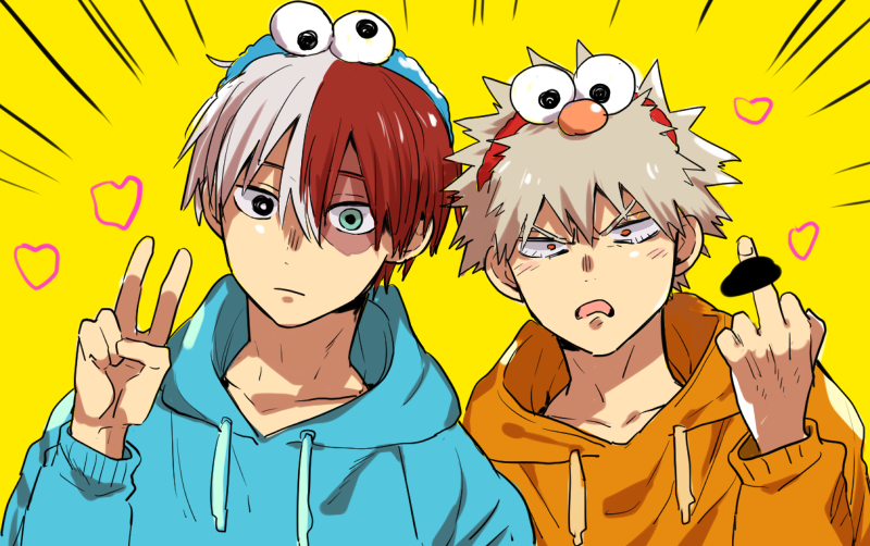 bakugou katsuki ,todoroki shouto multiple boys red hair split-color hair 2boys hood heterochromia male focus  illustration images