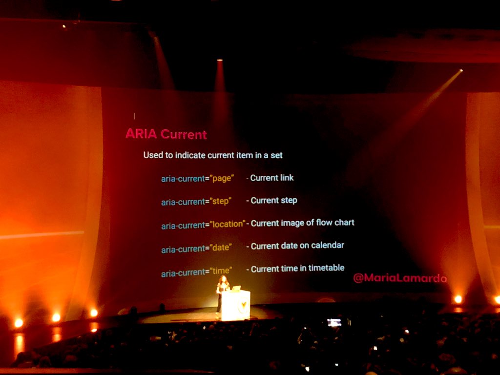 sarah_edo's tweet photo. Up now: @MariaLamardo shows us how to make interactive single page apps that work for a11y!

She covers
- routing and giving feedback to the user with vue-router
- aria regions
- aria current and more :)
Great talk! Well explained https://t.co/PzABLKfD9Q