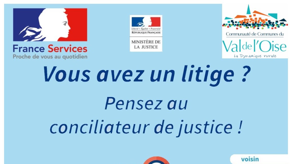 Permanence du #conciliateur de #justice à la Maison #FranceServices  de la Communauté de Communes du  Val de l'Oise #ccvo le 1er vendredi du mois de 14h15 à 17h00.
<a href="/justice_gouv/">Ministère de la Justice</a> <a href="/Prefet02/">Préfète de l'Aisne</a>