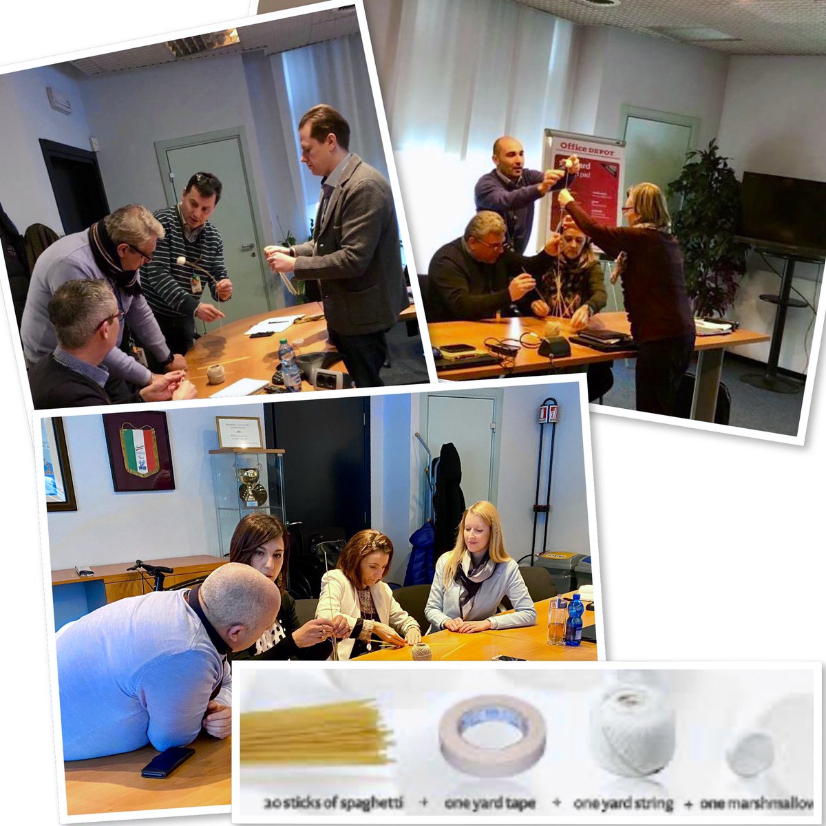 AnneloesLinzel's tweet photo. This morning our Italy staff tried to build a freestanding tower with a marshmallow on top! #marshmallowchallenge #teamwork #teambuilding #innovationdriven https://t.co/V9R9VTGKVD