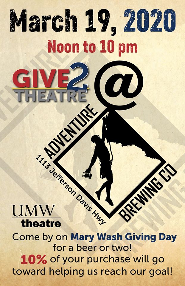 UMWTheatre's tweet photo. BIG NEWS! We're partnering with @AdventureBrewCo for #MaryWashDay! Mark your calendars and stop by for a brew! #Give2Theatre #ComeTogether4UMWTheatre https://t.co/DhByik9PMt