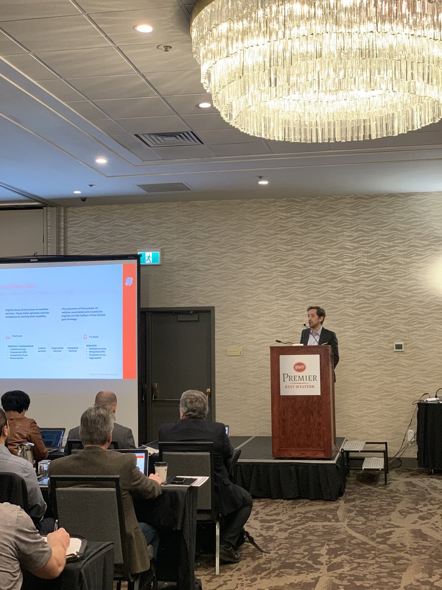ACAMPNeil's tweet photo. Keynote speaker David Lainé from @Transdev explains Mobility as a Service (MaaS) Stakes, Strategy and Positioning at the ACAMP Future of Mobility seminar #transportation #PublicTransportation #smartcities #yyc #AutonomousMobility #yyc #innovation #infrastructure https://t.co/fzvMrCQM7C