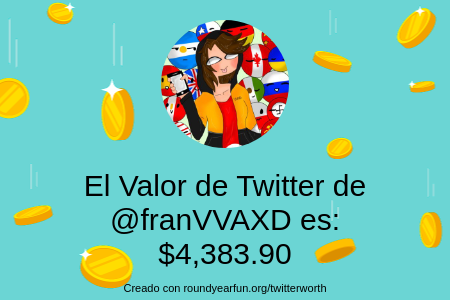 franVVAXD's tweet photo. Mi valor de Twitter es: $4,383.90

Encuentra el tuyo(a) con https://t.co/lILMF2vwPI

⠀ https://t.co/2vUqY8mgjR