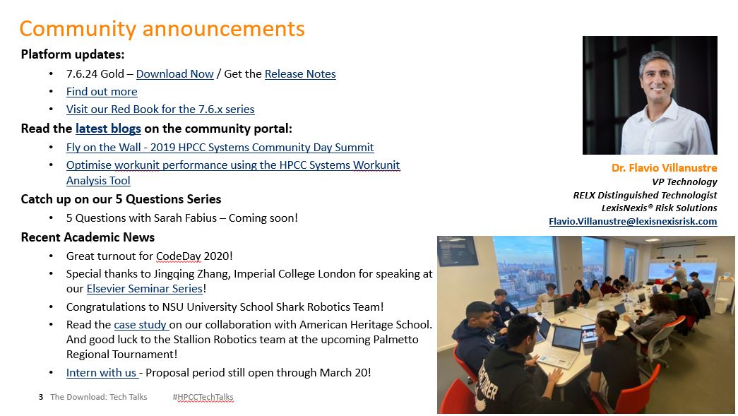 hpccsystems's tweet photo. We're kicking off today's #HPCCTechTalks episode with some important announcements from Flavio Villanustre, our VP of technology. Tune in for news on platform updates, our community blog, academic programs and more! https://t.co/1zrEpte9Ve https://t.co/M8UYX2q89A