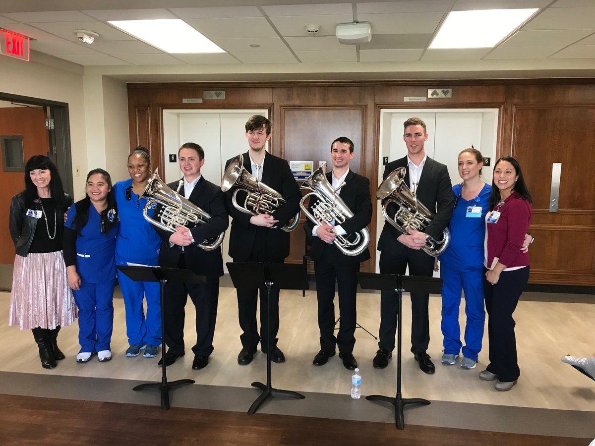 UNTCoM's tweet photo. THIS HAPPENNED: @UNTCoM SuperNova: Maxwell Dobson, Jordan Drake, Brad Halloran, Greg Stevens performed for patients/staff at Texas Health Presbyterian Hospital Dallas. Part of #UNTCoM "Music in the City" funded by The Moody Foundation. @JohnWRichmond2 @UNTnews @UNTsocial @UNTPrez https://t.co/l3fziSJMSS