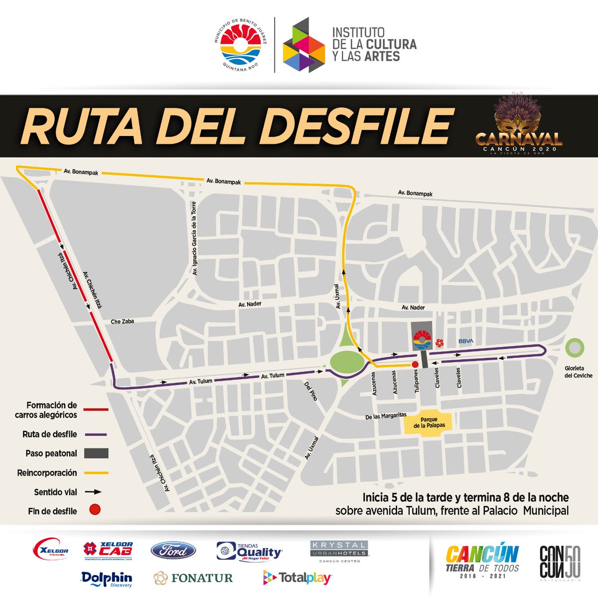 AytoCancun's tweet photo. No te pierdas el derrotero de lo carros alegĂłricos.
đ Este serĂĄ el recorrido que realizarĂĄn, te esperamos a partir de las 5 de la tarde en #AvTulum.
#LaFiestaDeOro
#CarnavalCancĂșn2020
#CancĂșnTierraDeTodos https://t.co/dMdiEqjBJ3