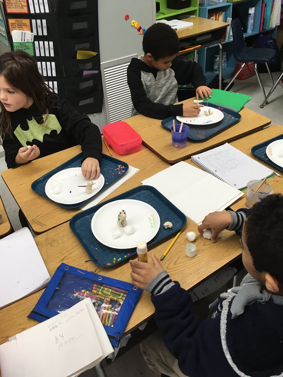 RHilliard17's tweet photo. All smiles and giggles in second grade as we prepare for the snow. After writing the steps to build a snowman, students follow the steps and build a snowman. @EMRollinsElem https://t.co/0QbS8bFVZg