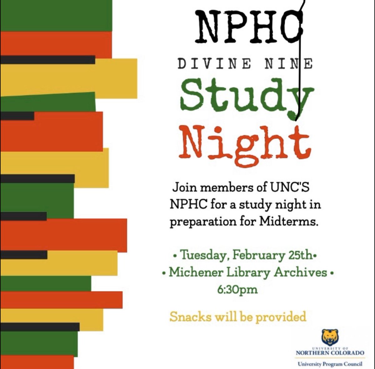 UNCOUPC's tweet image. Attention: UNC students, midterms are coming! 🚨🚨🚨 Don’t be the night before exam procrastinator and join the National Pan-Hellenic Council for a study night next Tuesday, February 25, 2020 in the Michener Library Archives at 6:30pm!