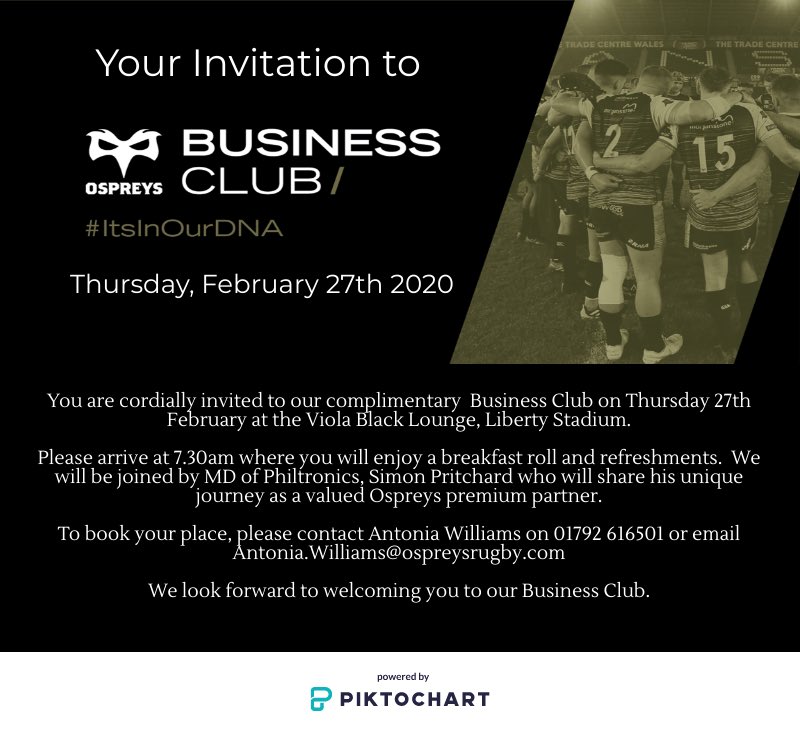 Here’s your exclusive invite to our Business Club next Thursday (27th February) at the @LibertyStadium 💼☕️

To book your place contact:
antonia.williams@ospreysrugby.com

#OurBloodIsBlack