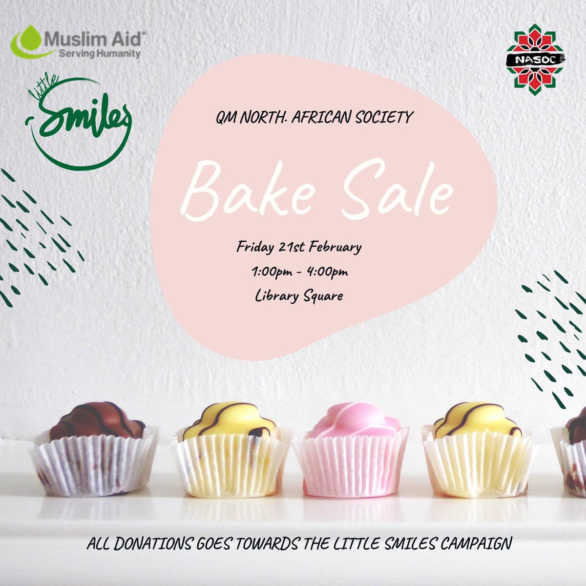 qmnasoc's tweet photo. Come down tomorrow to library square and get some treats (all proceeds go to the Little Smiles Project💚). If you would like to get involved/fundraise or find out about any future events, come and have a chat with us! #LittleSmiles https://t.co/8uMfPYU40m