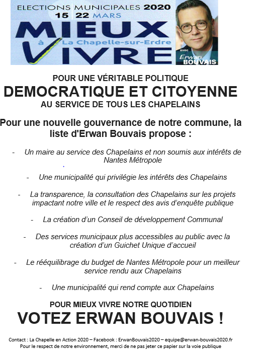 2020Erwan's tweet photo. Pour une véritable politique démocratique et citoyenne au service de TOUS les Chapelains avec @2020Erwan ! #Municipales2020 https://t.co/iilQnH9Af6