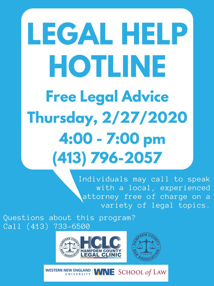 hcbalegalclinic's tweet photo. The Hampden County Bar Association and @WNEULaw will hold a #LegalHelpHotline on Thursday, February 27th. Free legal advice, answers, and guidance from a local, experienced attorney.
#HCBA #FreeLegalAdvice #AskALawyer https://t.co/Qs5RqTfQWY
