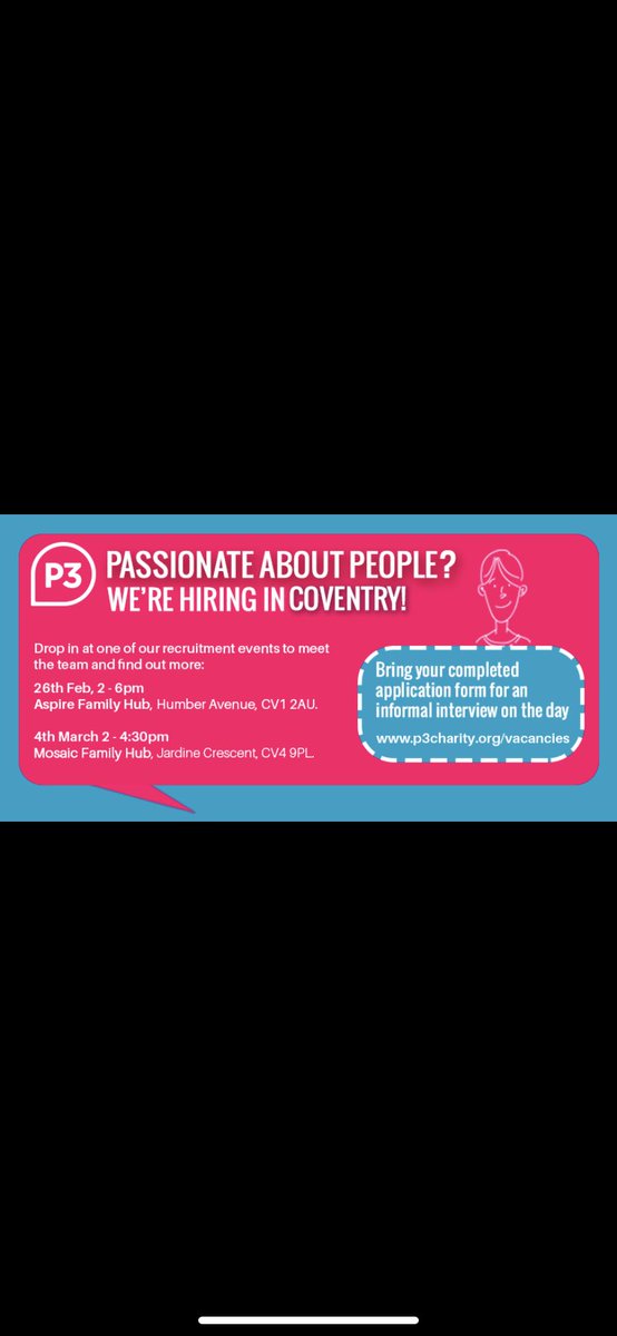 P3Warwickshire's tweet photo. Oooo how exciting! We are recruiting!!! Check out the details and feel free to get in touch for more info! #partofthesolution #wearep3 #coventry https://t.co/0NiWkF2g3p