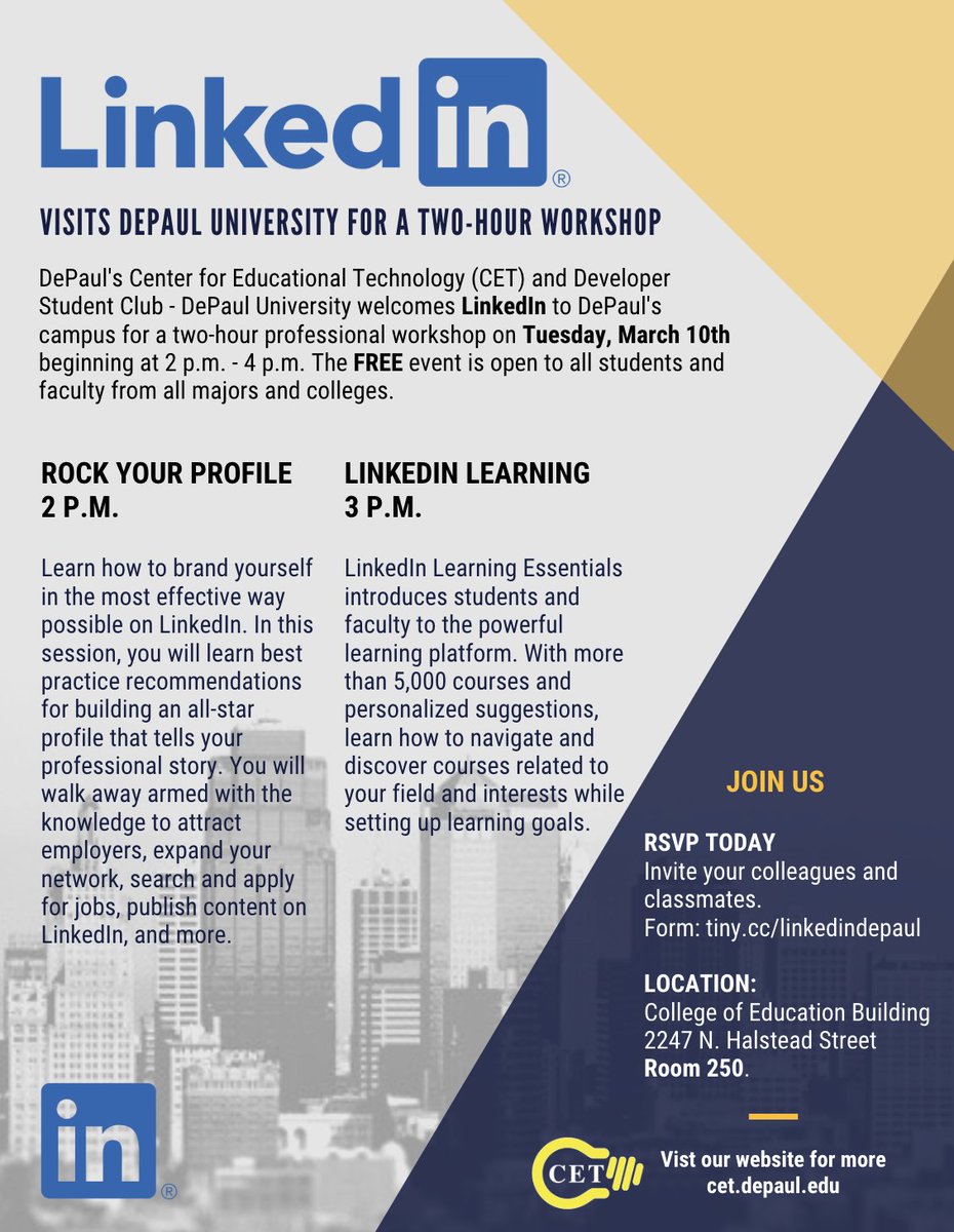 dscdepaul's tweet photo. @LinkedIn is coming to @DePaulCOE for 2-hour Professional Workshop on Tuesday, March 10th beginning at 2 p.m. - 4 p.m. The FREE event is open to all students and faculty from all majors and colleges. Learn more: https://t.co/JotVbQKLk9 #lilchampions @DePaulCSH @depaulcareerctr https://t.co/55pOn4EBQy