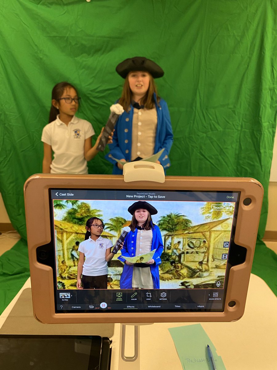 MHSMidtown's tweet photo. Fifth graders demonstrated their knowledge innovatively by researching about the original colonies, then wrote and recorded commercials using the #TCstudio app paired with the green screen. Background music was produced using GarageBand and they shared their projects on  #Seesaw. https://t.co/A4AX5WoGLl