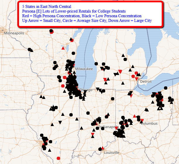 BlockFacts's tweet image. Here are #BlockFactsData on 1 set of demographics (“persona”) for cities in 5 East North Central states with high/low percentages of persona. Data are from our FREE tools at zcu.io/MyIF. Watch for 3 posts for each of 9 weekdays to cover 5 personas in all states.