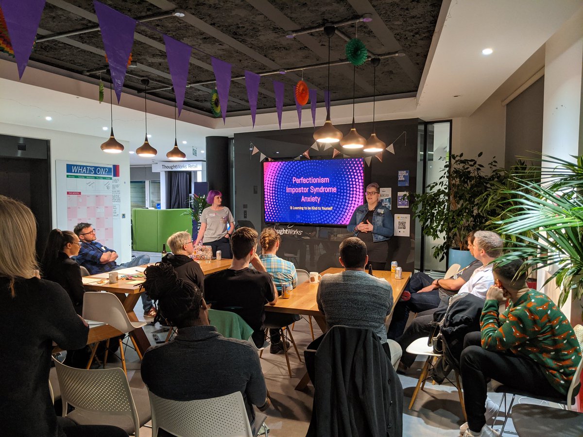Great talk and discussion this evening in da London <a href="/thoughtworks/">Thoughtworks</a> office about imposter syndrome! Thanks @d_ir <a href="/QCLdn/">Queer Code London</a>. Lovely crowd!