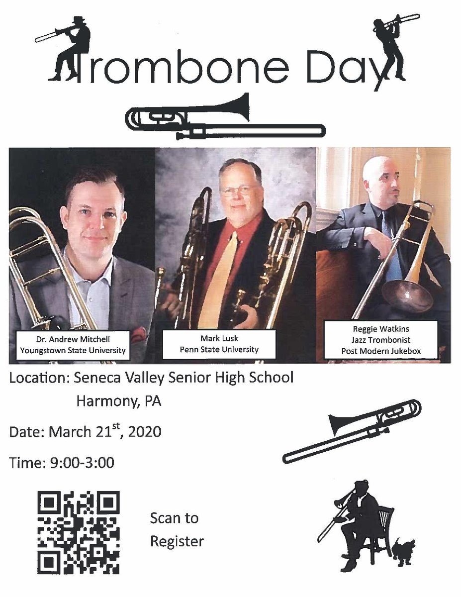 Seneca Valley Trombone Day - March 21, 2020 9:00am - 3:00pm  ***FREE EVENT***  Information and Registration: drive.google.com/file/d/1Ij220V…