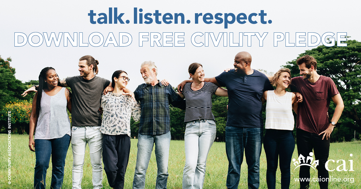 ROAttorneys's tweet photo. Adopting @CAIsocial ’s civility pledge is one way you can foster a climate of open discussion, mutual respect, and tolerance between those living in and working for #communityassociations. Join us and learn more here: https://t.co/QxUmWTtlR7

#CommunityManagers #HOAlife #HOAlaw https://t.co/vA52VnBgNc