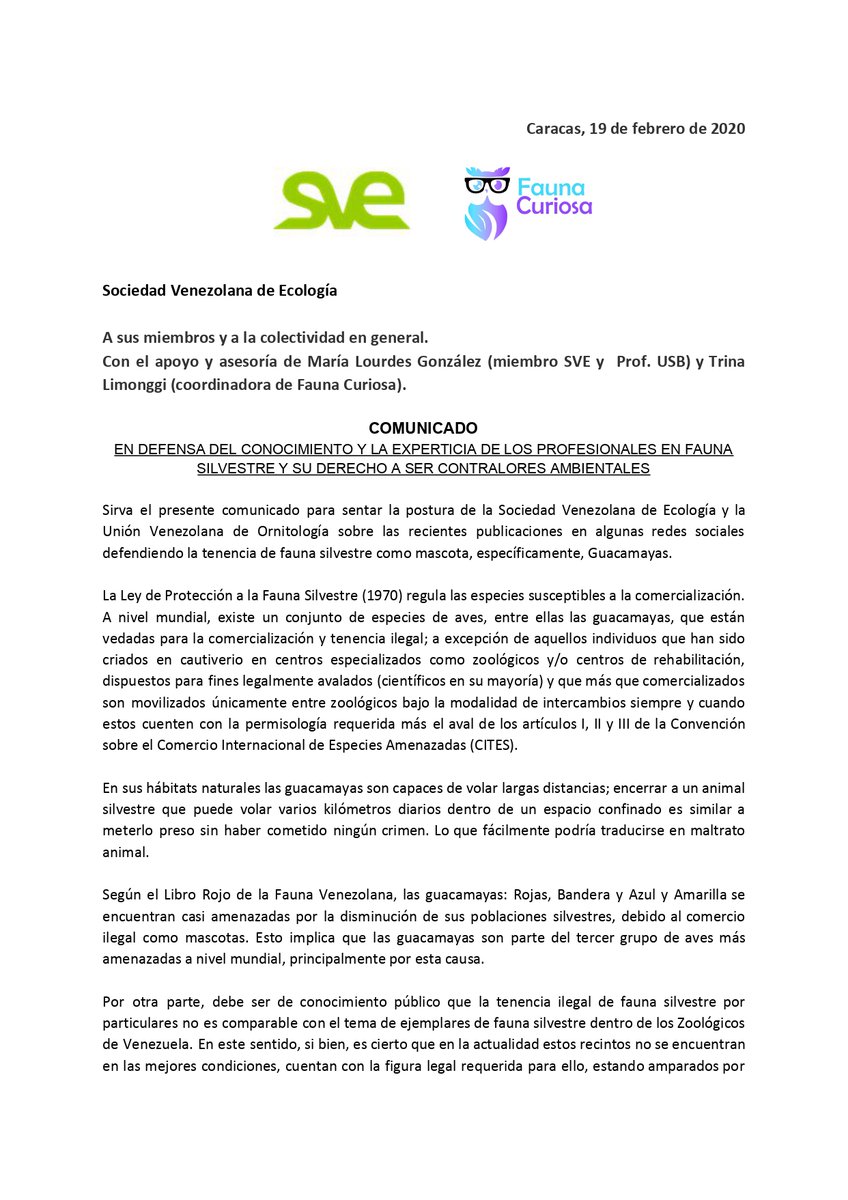 FUDENA's tweet photo. La Sociedad Venezolana de Ecología (@SVEcologia) fija postura sobre las recientes publicaciones en algunas redes sociales defendiendo la tenencia de fauna silvestre, en específico guacamayas, como mascota https://t.co/SRloxq4PqX