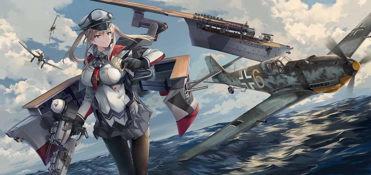 graf zeppelin (kancolle) 1girl aircraft blonde hair pantyhose hat twintails airplane  illustration images