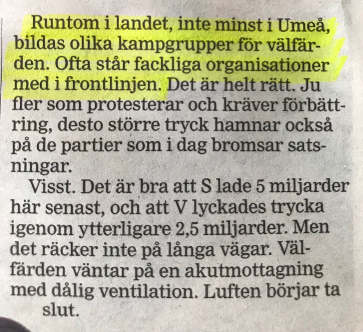 i_umea's tweet photo. I gårdagens ledare i ⁦@Folkbladet_news⁩ fanns referenser till oss. 

Välfärden. Viktigaste frågan.
#välfärd https://t.co/jCQJ1Lr3xg