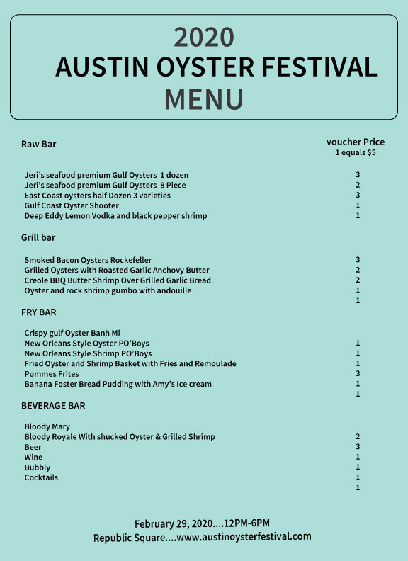 Awe Shucks! The 2020 Austin Oyster Festival returns for its 8th year on Saturday, Feb. 29 from 12p.m. to 6 p.m. at Republic Square. 

Check out the menu + get your tickets now!
universe.com/events/2020-au…