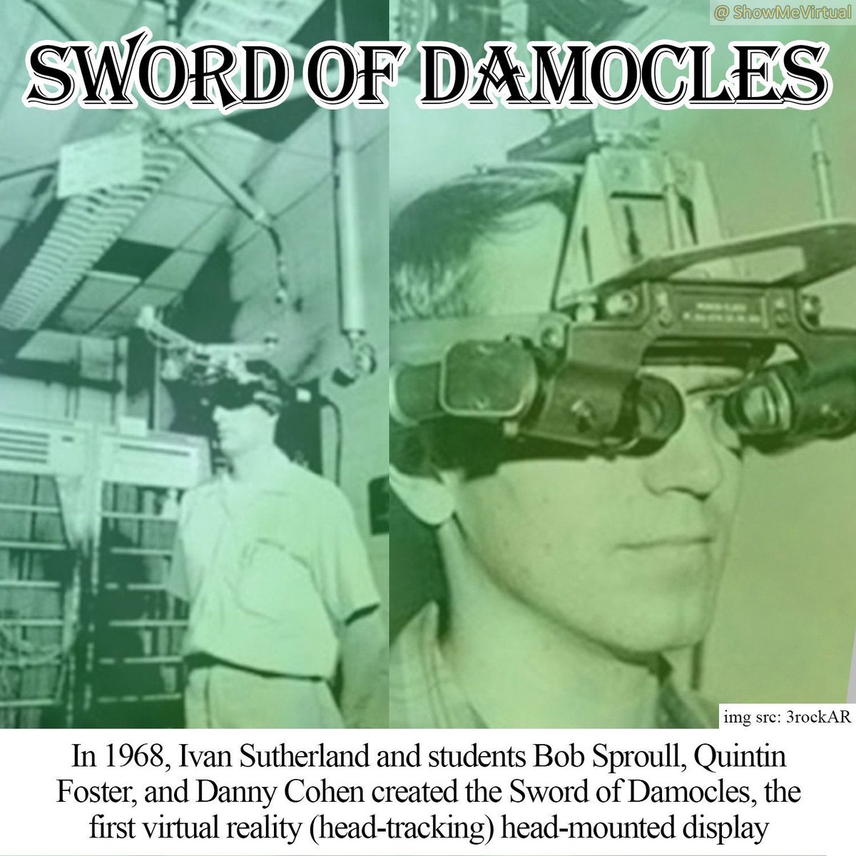 ShowMeVirtual's tweet image. Do you know your #VR #history? The first #VirtualReality head-mounted display, The Sword of Damocles, created in 1968 by Ivan Sutherland &amp;amp; students was hung from the ceiling due to weight &amp;amp; a head-tracking system (perspective changed with gaze)

#XR #XRdaily #XRhistory #ARVRinEDU