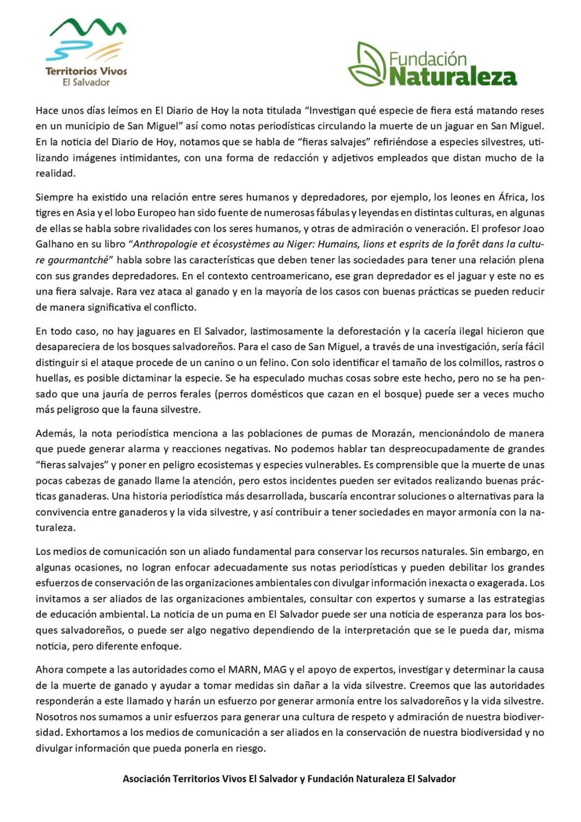 fundanaturalez1's tweet photo. ✍️Comunicado oficial 

Territorios Vivos El Salvador y Fundación Naturaleza El Salvador, compartimos nuestra posición con respecto a algunas noticias de la semana pasada sobre encuentros con fauna silvestre en San Miguel👇 @Territorios_SV #Conservación #VidaSilvestre https://t.co/uuhyoGuqpg