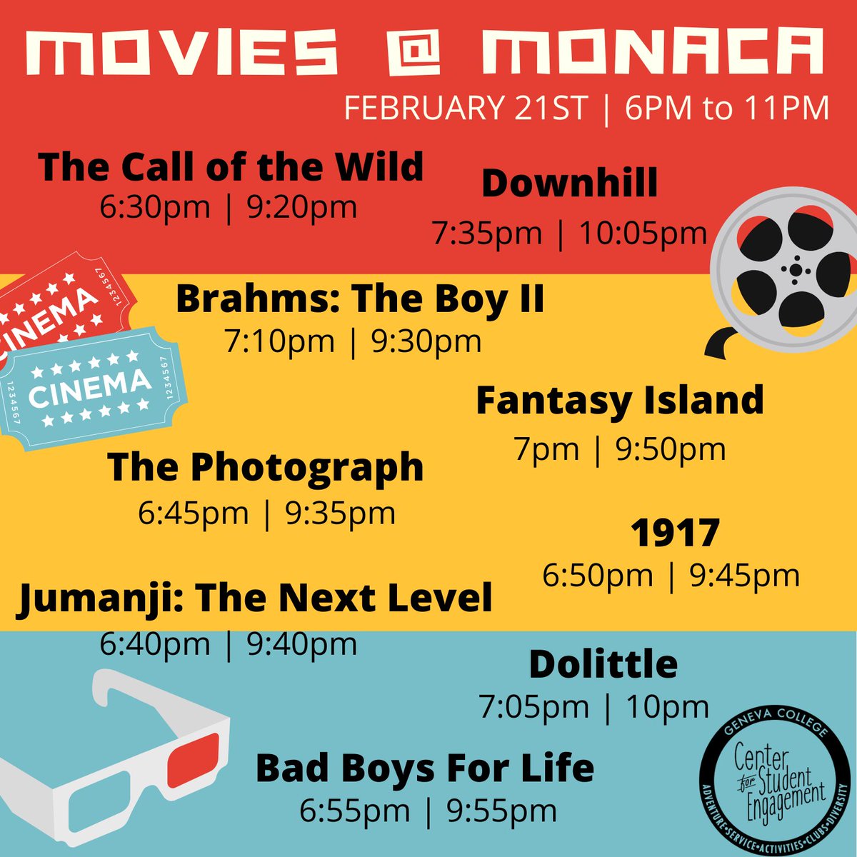 genevaCSE's tweet photo. Looking for something to do this weekend? Why not kick it off with a $5 movie? Movies and show times are below. Be sure to bring your student ID in order to take advantage of this great offer! https://t.co/uXIdpuCfOF