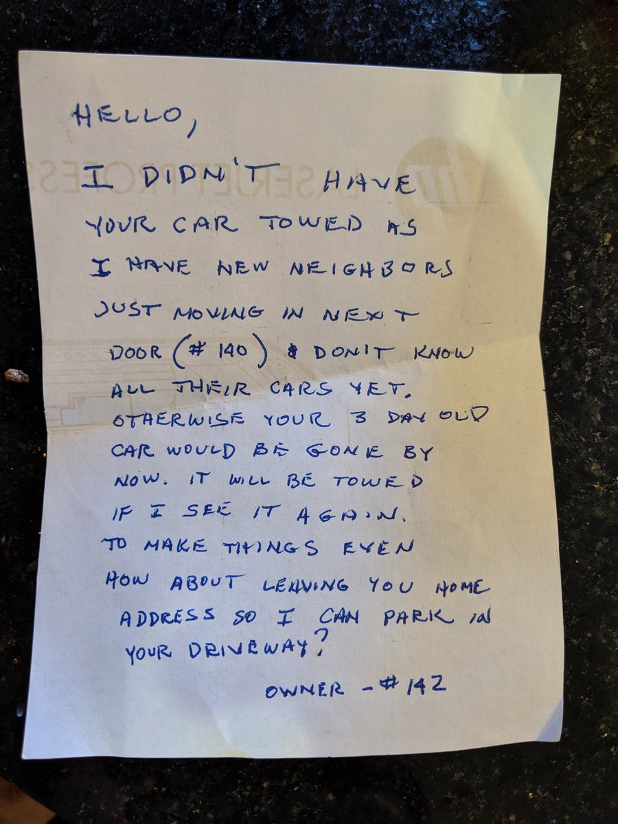 jenisespiteri's tweet photo. Drove my friend (who just moved into 140) home last night and woke up to this note on my car. Enjoy your new neighbor bud! #passiveaggressivenotes https://t.co/kRG8PxE5jn