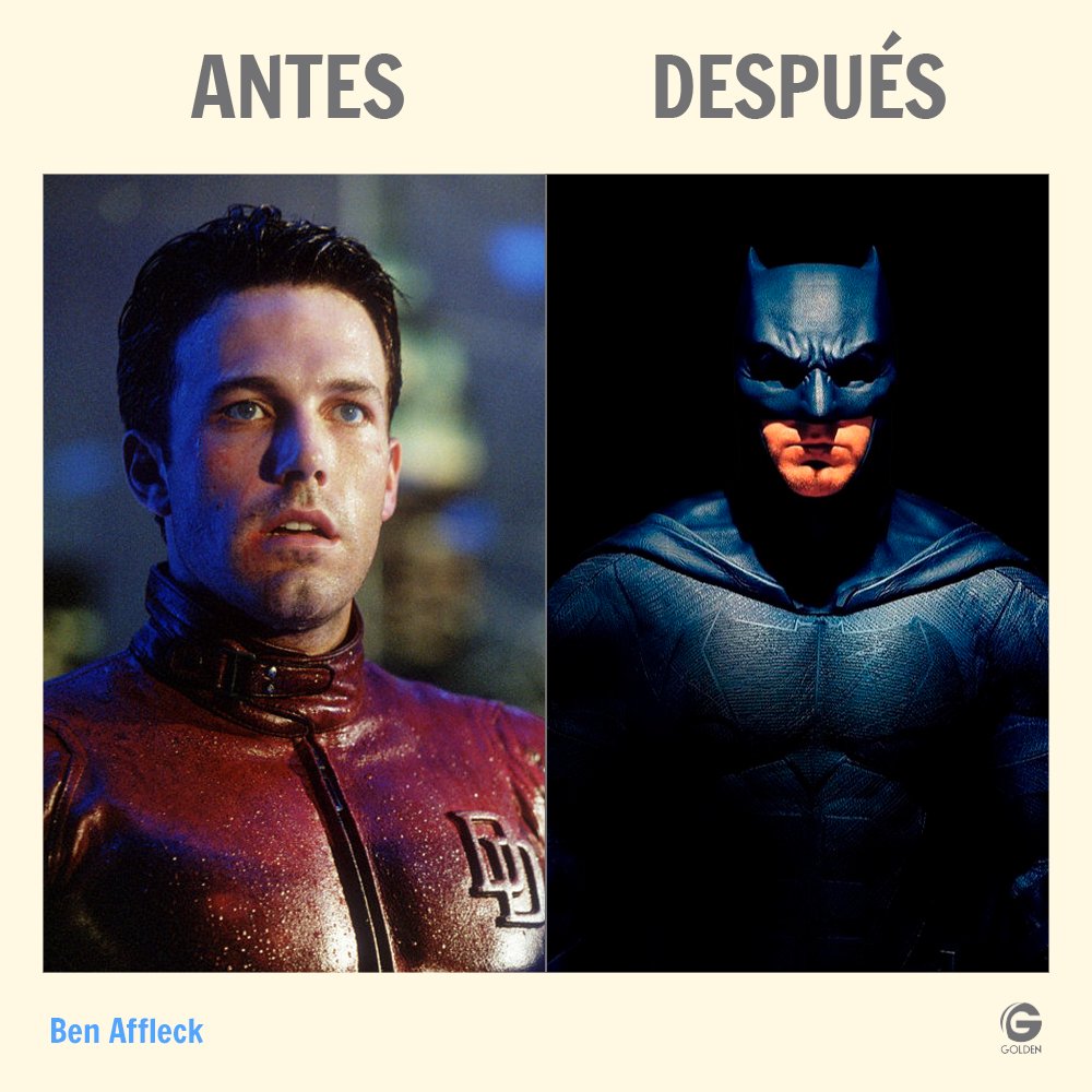 GoldenMxTv's tweet photo. Ben Affleck reveló que la razón por la que dejó el traje de Batman fue a causa de sus problemas con la bebida. Hoy lo recordamos en sus dos interpretaciones de superhéroe. ¿Cuál es tu preferido? #TeamDaredevil #TeamBatman https://t.co/ltaUcfKEe6