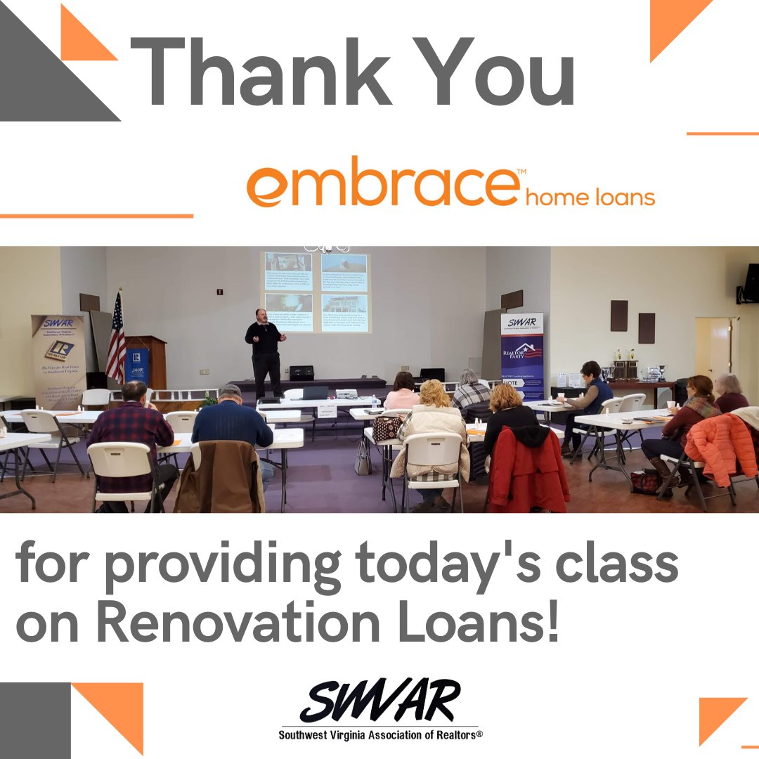 Thank you Rick Eaheart, David Shelor and Shawn Allen with Embrace Home Loans providing today's class on Renovation Loans! #swvar #embracehomeloans #renovation