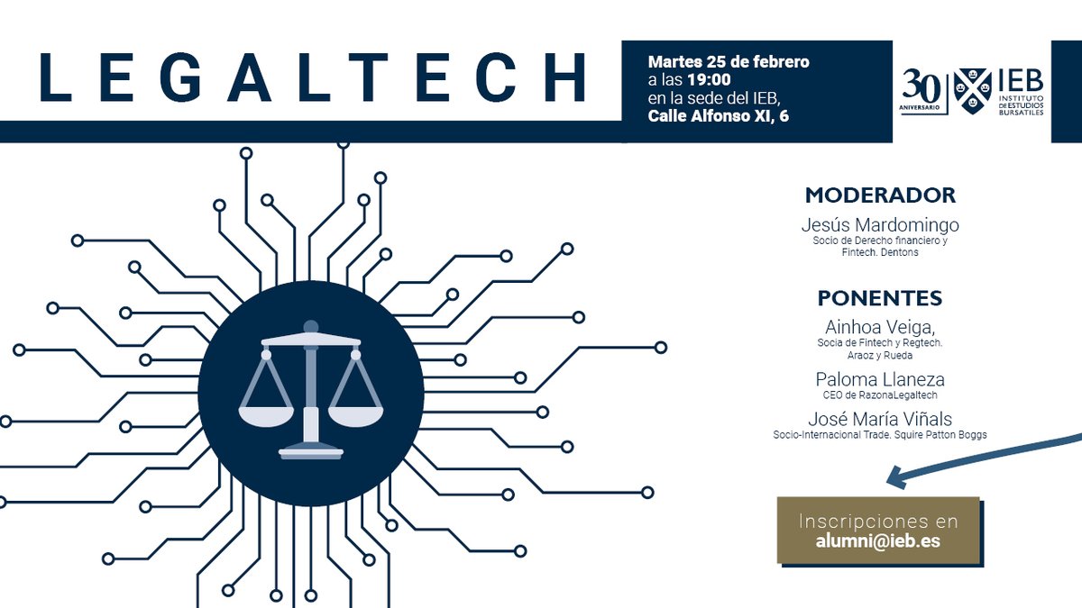 IEB_Spain's tweet photo. El #legaltech va a revolucionar el mundo jurídico. 🤔Descubre cuál es el futuro del sector con:

- Jesús mardomingo, @Dentons
- @avtunciti, @araozyrueda
- @PalomaLLaneza, @RazonaLegalTech
- @jmv_camallonga, @SPB_Global
 
Inscripción 👉 https://t.co/QRRz0Opjt3 https://t.co/Br1ZZN0DjJ