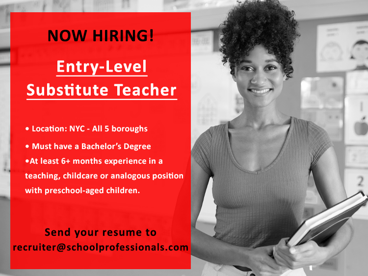 School_Pros's tweet photo. Now Hiring Entry-Level Substitute Teachers in ALL 5 boroughs! Send your resume to recruiter@schoolprofessionals.com and get scheduled for an interview asap!    

#interview #schoolprofessionals #teachingjobs #newcareer #careerstart #newteacher #teacherjob #publicschools https://t.co/XCz9IiKzTk