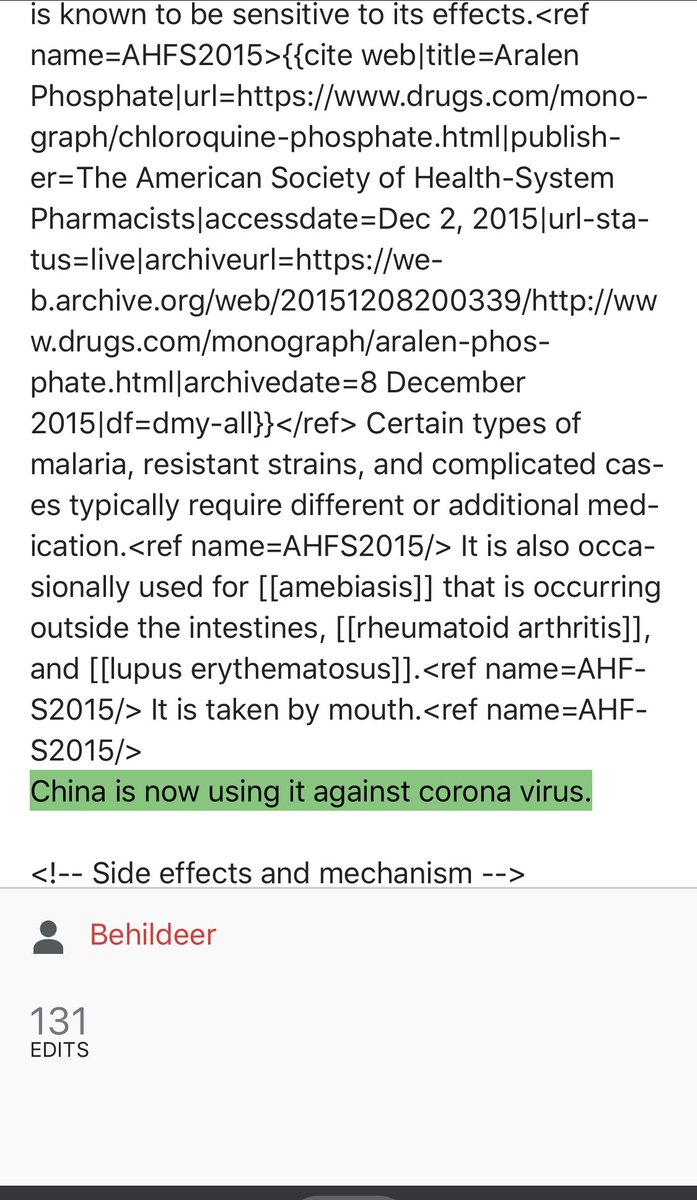 _DCodeD_'s tweet image. Is this Wikipedia edit the basis of the whole #chloroquine rave? No credible media source I can find is pointing to anything. I’ll be glad if someone can point me in the direction of actual concrete proof.