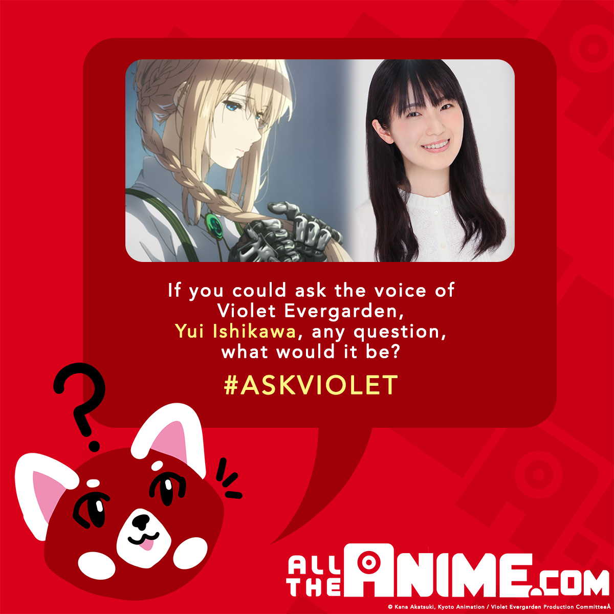 AllTheAnime's tweet photo. Yui Ishikawa, the voice of Violet Evergarden, is coming to the UK for the premiere of Eternity and the Auto Memory Doll, and we're looking for questions for her!

Simply drop us your question in the replies with #AskViolet, and we'll pick out the best ones to ask on her UK visit! https://t.co/O2YpwrEE7n