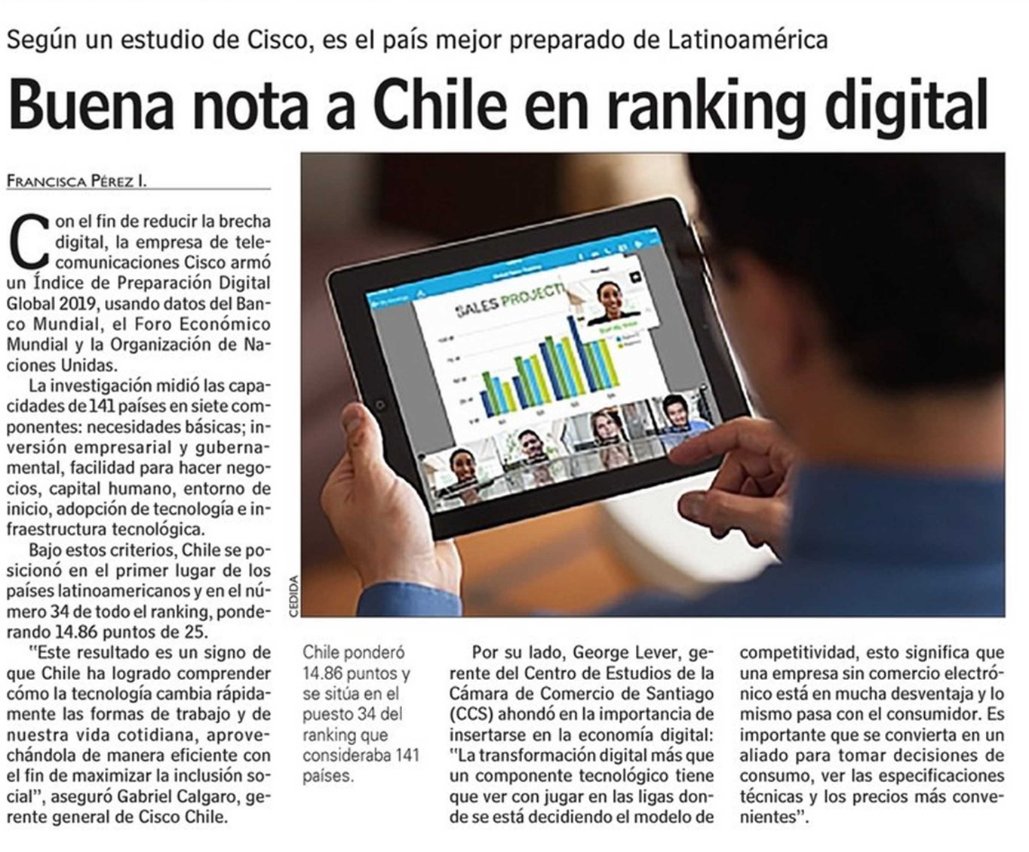 De acuerdo a un estudio realizado por @cisco, Chile es el país mejor preparado en Sudamérica para la implementación de tecnologías e infraestructuras tecnológicas. 
Más detalles en la nota <a href="/lun/">Las Últimas Noticias</a> 👇