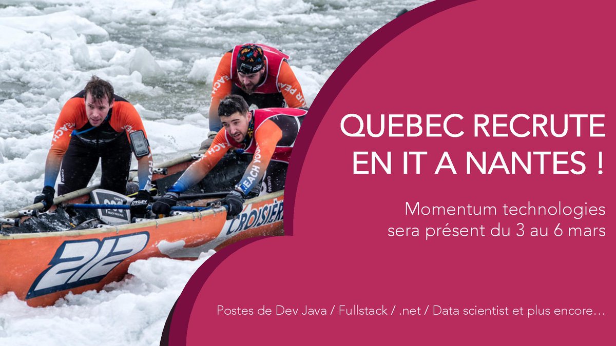 Externatic's tweet photo. Vous voulez travailler en IT Ă QuĂ©bec ? Vient rencontrer Momentum Technologies pour ses bureaux Ă #QuĂ©bec â Si tu as plus de deux ans d'expĂ©rience, envoie ton CV Ă #Externatic drh@externatic.fr - Rencontre le 3.03 Ă Paris et les 4-5-6 Ă Nantes #RecrutementInternational https://t.co/LrTyimmalT