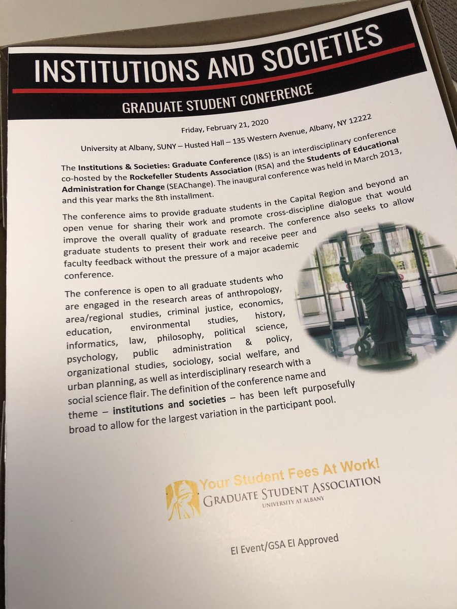 RSAatUAlbany's tweet photo. The program for #InstitutionsAndSocieties graduate student conference is tomorrow! Be sure to come for our keynote panel on #impeachment at 12:30pm in Husted Hall Amphitheater. https://t.co/nGNetnk6XW