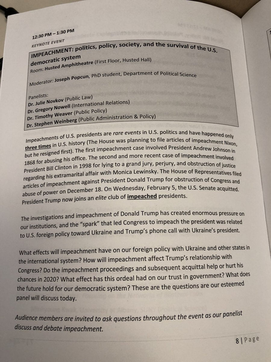 RSAatUAlbany's tweet photo. The program for #InstitutionsAndSocieties graduate student conference is tomorrow! Be sure to come for our keynote panel on #impeachment at 12:30pm in Husted Hall Amphitheater. https://t.co/nGNetnk6XW