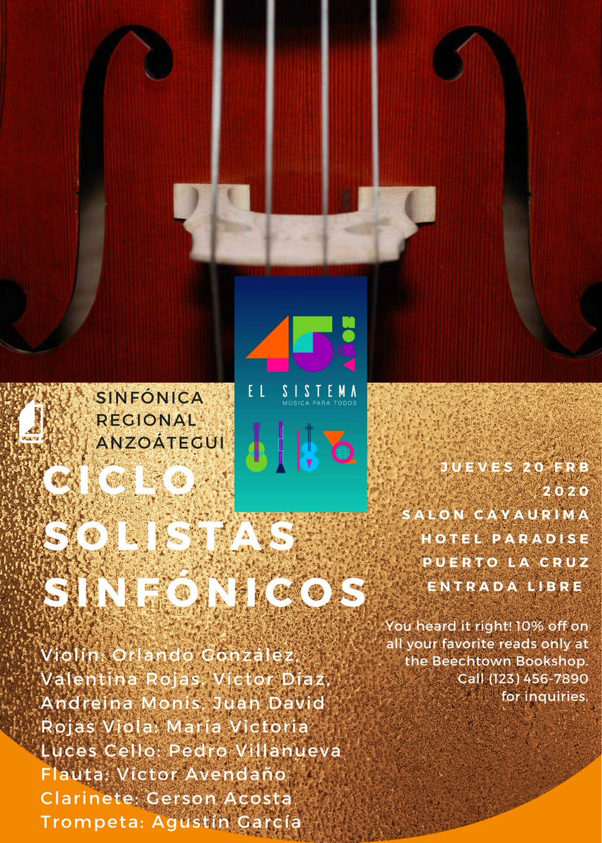 Hoy te esperamos! Concierto Ciclo Solistas Sinfónicos de la Sinfónica Regional de Anzoátegui 45 Años de El Sistema Jueves 20 Feb Hotel Paradise Puerto La Cruz (Antiguo Meliá) a las 6 PM Salón Cayaurima ENTRADA LIBRE
<a href="/elsistema_/">Ale</a> @elsistemaanzoategui  <a href="/ParadisePLC/">Hotel Paradise PLC</a>