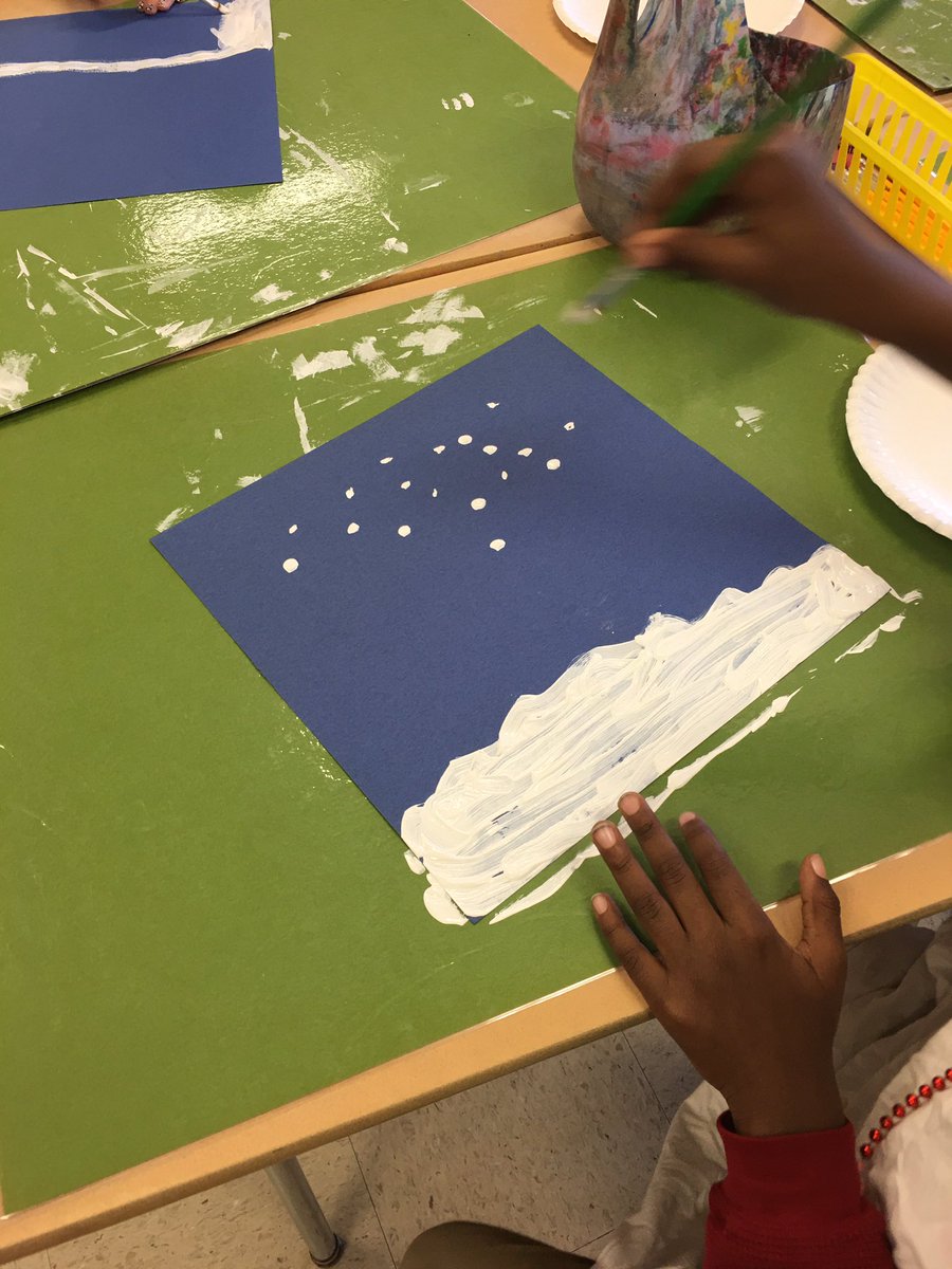 Since it doesn’t seem to want to snow outside, the kinderartists are making it snow in the art room!