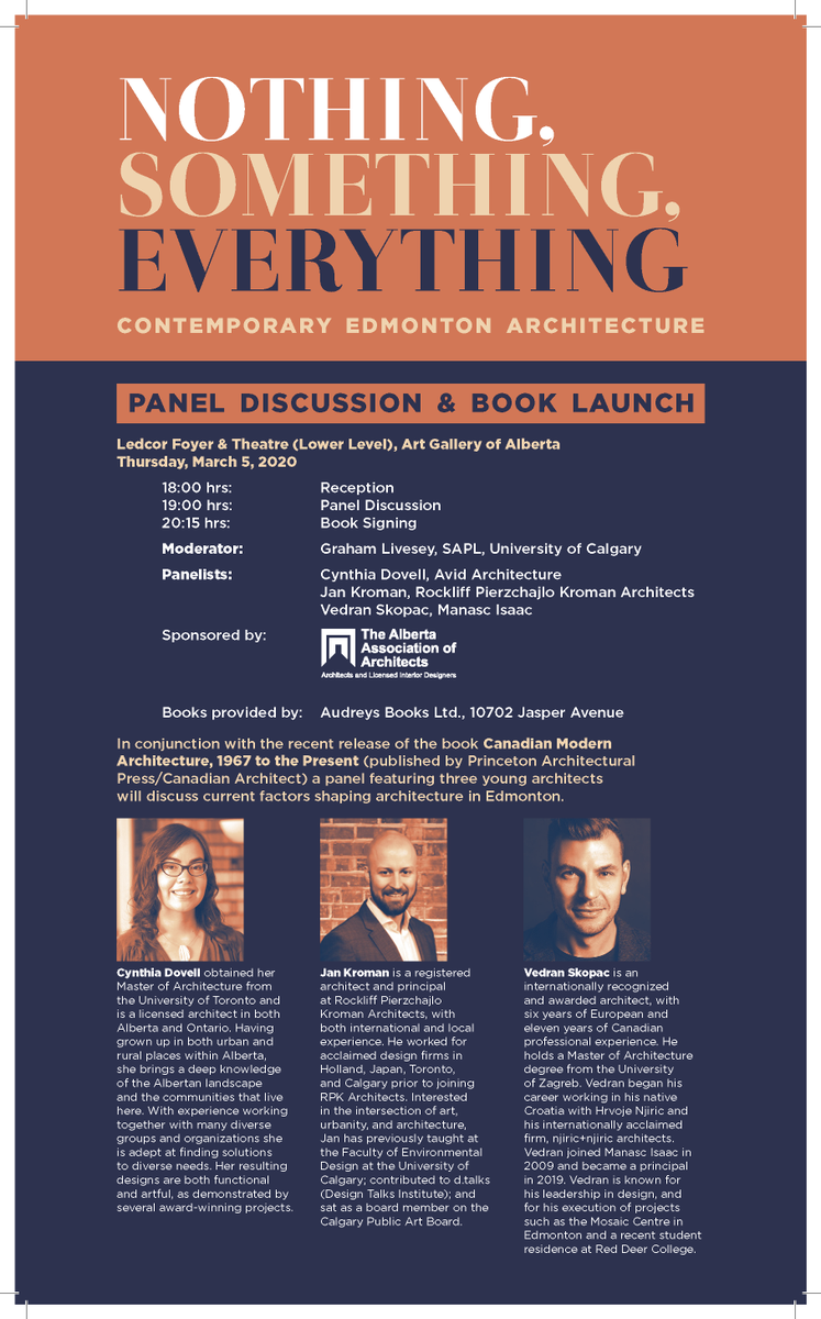 Thrilled to join <a href="/_cynthisizer/">Cynthia</a> Cynthia Dovell and Jan Kroman in this public speaking and promotion of @ucalgarysapl Graham Livesey and <a href="/CdnArch/">Canadian Architect</a> Elsa Lam's new book about Canadian Modern Architecture! 

Come join us, and ask tough questions, at <a href="/yourAGA/">Art Gallery of Alberta</a>, on March 5th