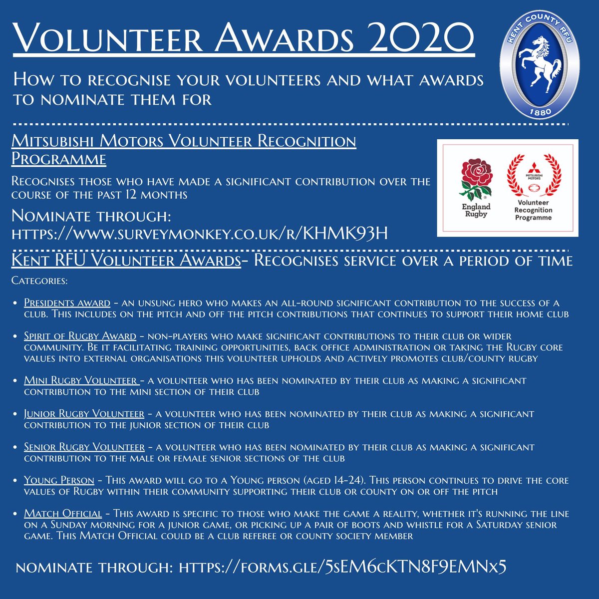 Does your club have some Volunteers who should be recognised? Then see below:

Mitsubishi Volunteer Awards: (Deadline 23rd of February) surveymonkey.co.uk/r/KHMK93H 

Kent RFU Volunteer Awards: (Deadline 24th of April)
docs.google.com/forms/d/e/1FAI…

#Volunteers #KentRugby