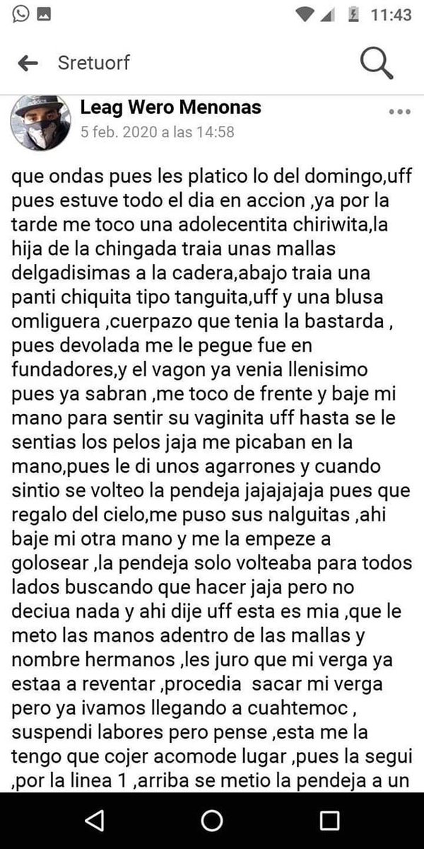 GlodeJo07's tweet photo. En Monterrey existe un grupo de facebook en donde se dedican a compartir historias y métodos de cómo acosar a las jovencitas en el metro.
El nombre del grupo es Sretuorf y es dirigido por UNA MUJER llamada Yessi López.
En las imágenes hay ejemplos del acoso de estos individuos. https://t.co/Rwn1oUQrtP