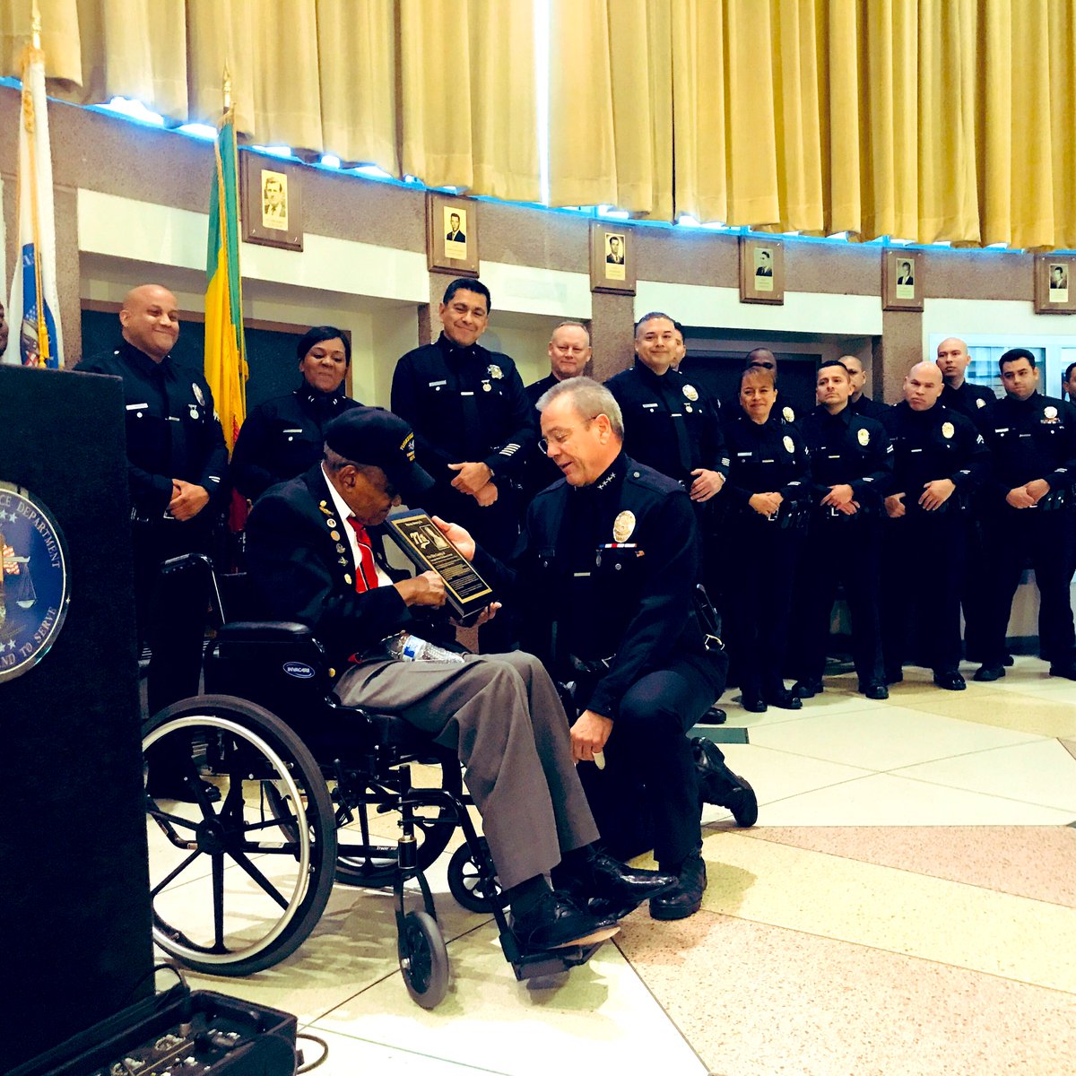 Going above and beyond at <a href="/LAPD77thSt/">LAPD - 77th Street</a>, with our Community Safety Partnership Officers, is almost a daily occurrence.  Today, they invited us to honor Tuskegee Airman, Lieutenant Colonel Otis Cowley a true #HeroAmongUs. <a href="/LAPDChiefMoore/">Michel R. Moore</a> <a href="/LAPDReginaScott/">Retired Deputy Chief Regina Scott</a> @LabradaAl