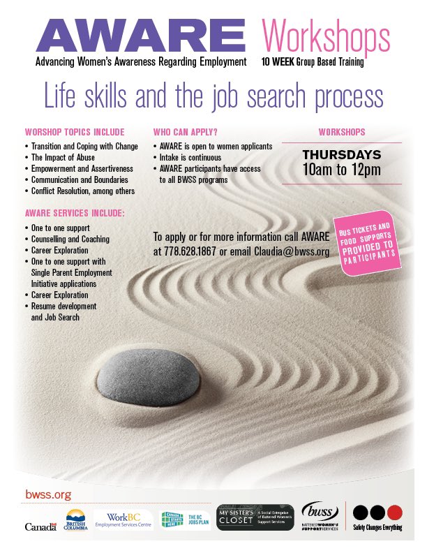 EndingViolence's tweet photo. AWARE workshops, every #Thursday 10AM -12PM. AWARE supports women move out of the cycle of trauma and violence through employment.
For more information, email Claudia@bwss.org
#YVR #SafetyChangesEverything
#BWSSGroups https://t.co/TPt1dq2pJK